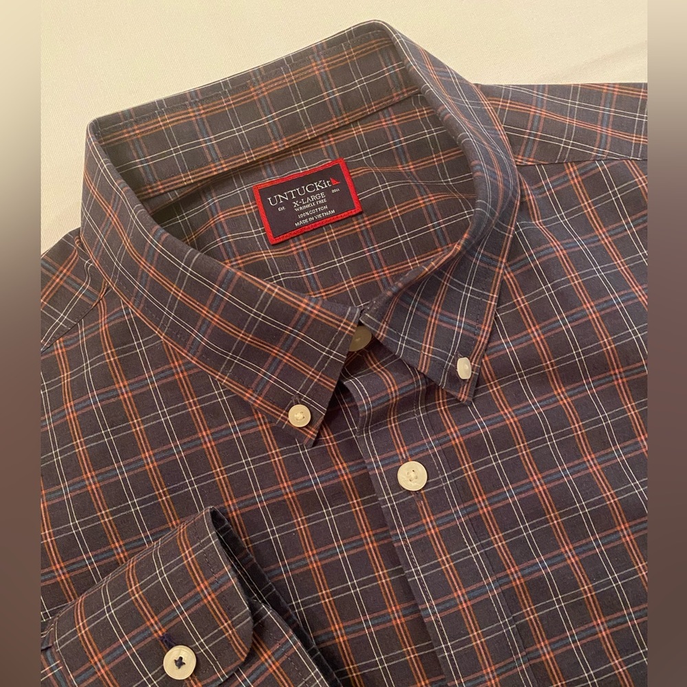 Untuckit Men's XL Cotton Alder 40992 Blue Plaid Long Sleeve Button Down Shirt
